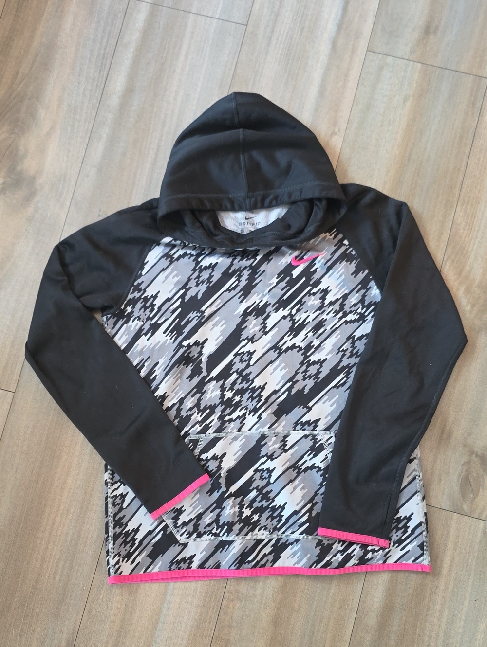 Nike Girls' Black & Gray Hooded Dri-FIT Top with Pink Trim